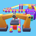 Colorful Industrial Conveyor System With Purple Machinery And Orange Mechanical Tracks