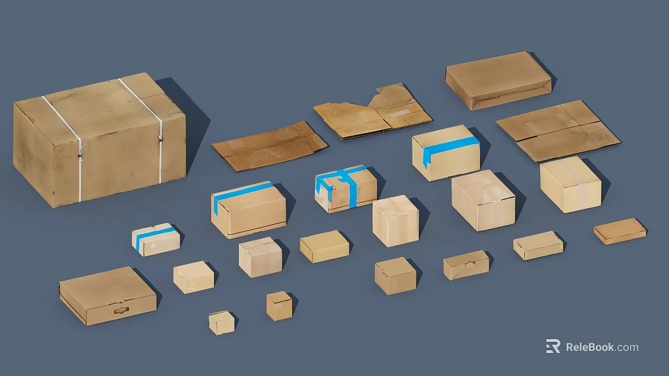 Assorted Cardboard Boxes In Various Sizes With Blue Tape And Different Styles 3d model 