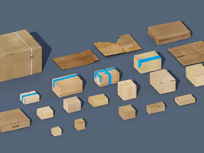 Assorted Cardboard Boxes In Various Sizes With Blue Tape And Different Styles 3d model