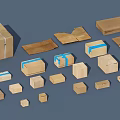 Assorted Cardboard Boxes In Various Sizes With Blue Tape And Different Styles