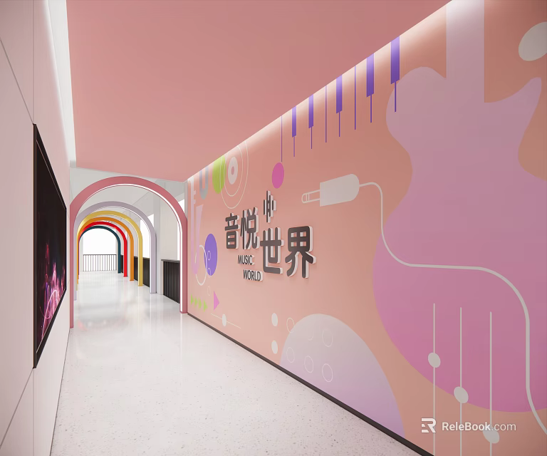 Elevator Hallway Interior With Pink Music Themed Decor And Rainbow Arches 3d model