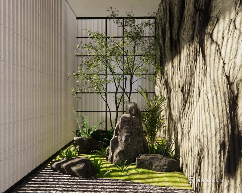 Modern Garden Nook With Slatted Wall Glass Grid Stones Tree And Green Grass 3d model 