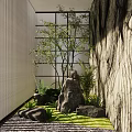 Modern Garden Nook With Slatted Wall Glass Grid Stones Tree And Green Grass