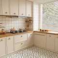 Classic Kitchen Interior With White Cabinets Tiled Walls Window Blinds And Fruits On Countertop
