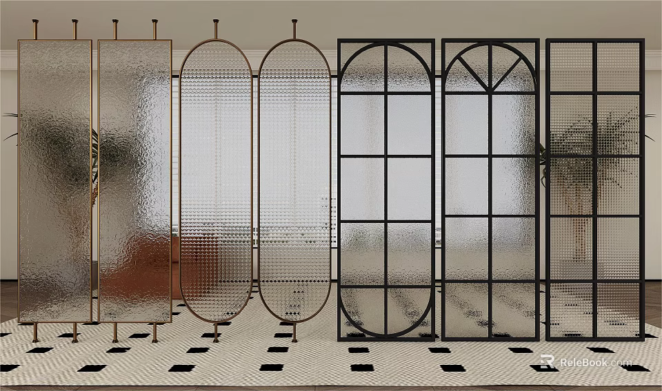 Modern Decorative Room Dividers with Metal Frames Glass Panels and Geometric Patterns for Home 3d model 