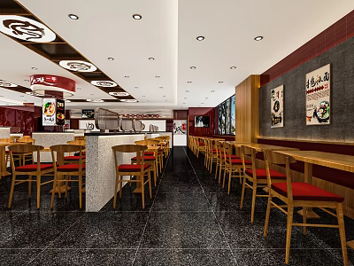 Modern Restaurant Interior With Wooden Tables Red Seats Black Floor Open Counter And Wall Posters 3d model