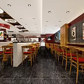 Modern Restaurant Interior With Wooden Tables Red Seats Black Floor Open Counter And Wall Posters