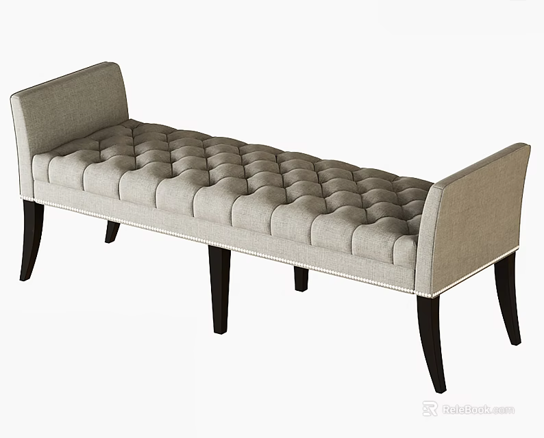 Light Gray Tufted Ottoman Bench With Dark Wooden Legs And Padded Seat 3d model 