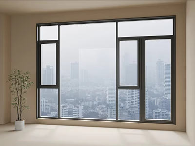 Large Casement Windows in Interior Room with City View and Potted Plant 3d model
