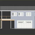 Cartoon Style House Scene With Blue Exterior Gray Roof Yellow Railing Balcony Garage And Staircase
