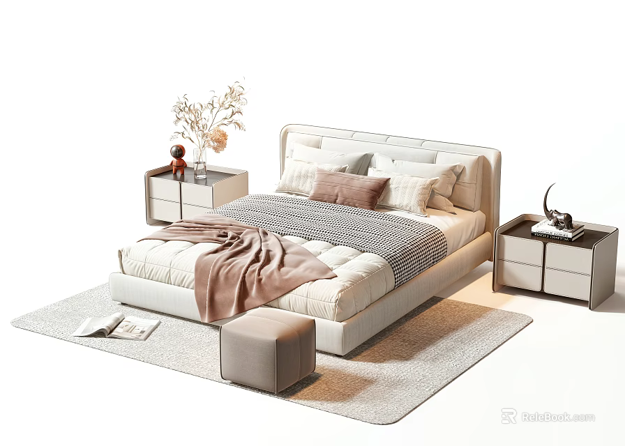 Upholstered Double Bed with Plush Pillows Soft Blanket Nightstands Vase Books Cozy Ottoman Neutral Rug 3d model 