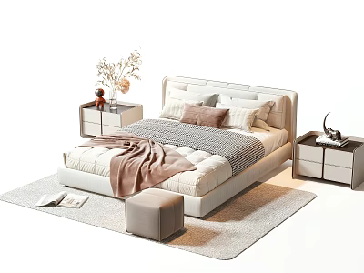 Upholstered Double Bed with Plush Pillows Soft Blanket Nightstands Vase Books Cozy Ottoman Neutral Rug 3d model
