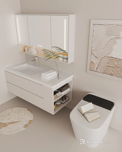 Modern White Bathroom Vanity with Countertop Mirrored Cabinet Green Plant and Storage Drawers 3d model 