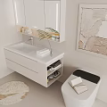 Modern White Bathroom Vanity with Countertop Mirrored Cabinet Green Plant and Storage Drawers