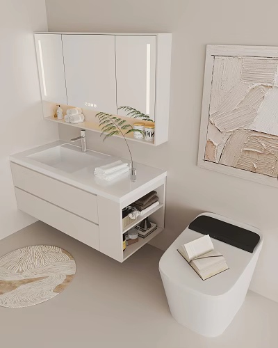 Modern White Bathroom Vanity with Countertop Mirrored Cabinet Green Plant and Storage Drawers 3d model