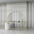 Modern Luxury Background Wall With Gold Circular Decor Striped Design Logo White Column And Greenery