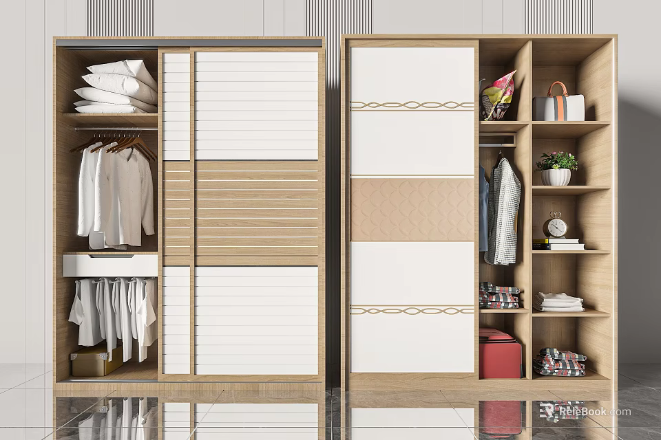 Modern Wardrobe With Sliding Doors Stacked Quilts Hanging Shirts Open Shelves Storage Baskets 3d model 