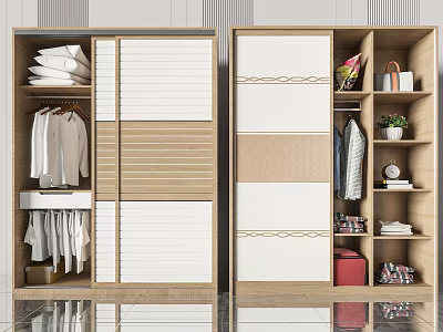 Modern Wardrobe With Sliding Doors Stacked Quilts Hanging Shirts Open Shelves Storage Baskets 3d model