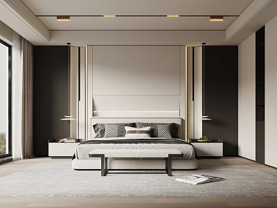 Modern Minimalist Bedroom Interior With Bed Headboard Nightstands Ceiling Lights And Soft Carpet 3d model