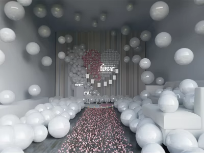 White Inflatable Balls for Romantic Party with White Sofas Pink Petal Path and Heart Decoration 3d model