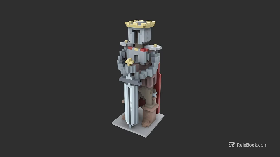 Building Block Knight Figure with Crown Armor Sword and Red Cape Design 3d model 