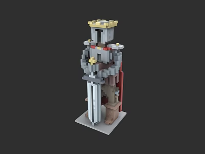 Building Block Knight Figure with Crown Armor Sword and Red Cape Design 3d model