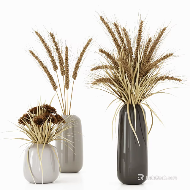 Minimalist Ceramic Vases With Dried Wheat And Decorative Plants Arrangement 3d model 