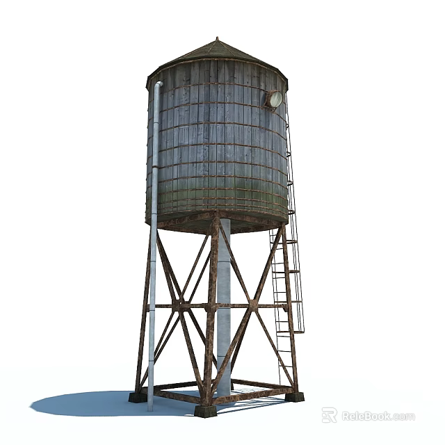 Old Wooden Water Tower With Metal Support Structure And Ladder 3d model 