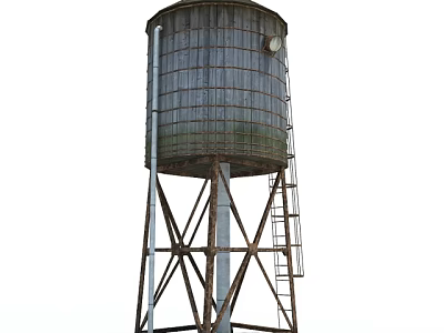 Old Wooden Water Tower With Metal Support Structure And Ladder 3d model