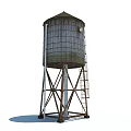 Old Wooden Water Tower With Metal Support Structure And Ladder