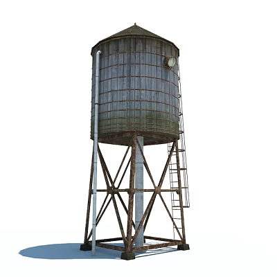 Old Wooden Water Tower With Metal Support Structure And Ladder 3d model