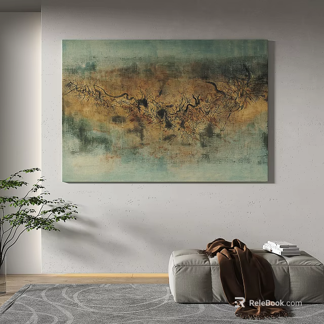 Abstract Wall Art With Blue Green Brown Hues In Modern Living Room Sofa Plant 3d model 