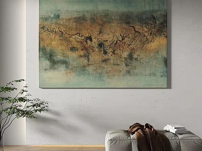 Abstract Wall Art With Blue Green Brown Hues In Modern Living Room Sofa Plant 3d model