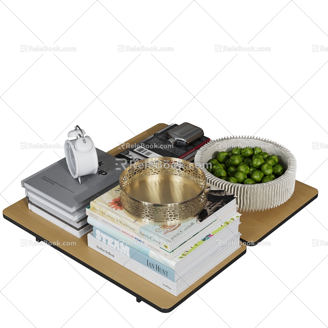 Modern ornaments combination books fruit tray ashtray clock 3d model