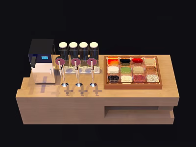 Commercial Beverage Service Equipment with Wooden Countertop Dispensers and Storage Containers 3d model