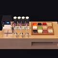 Commercial Beverage Service Equipment with Wooden Countertop Dispensers and Storage Containers