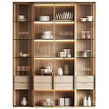 Elegant Modern Display Cabinet With Glass Doors Built-in Lighting And Decorative Dishes