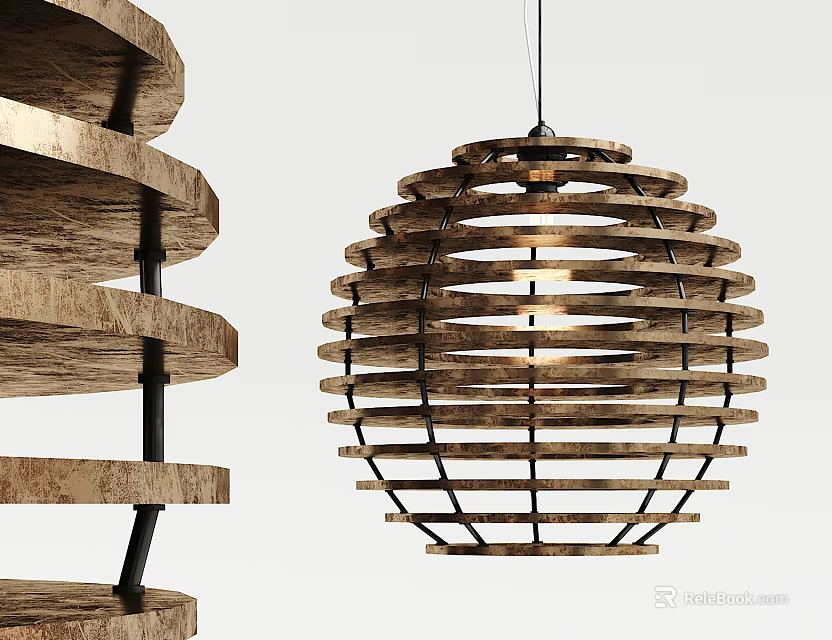 Wooden Spherical Pendant Light With Layered Slats Near Circular Wooden Shelves In Modern Room Decor 3d model 