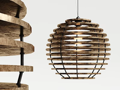 Wooden Spherical Pendant Light With Layered Slats Near Circular Wooden Shelves In Modern Room Decor 3d model