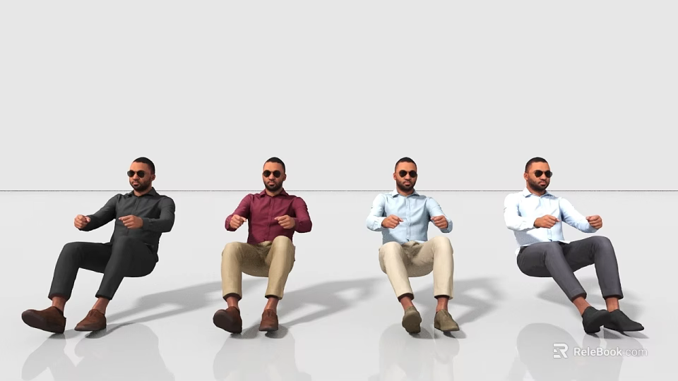 Four Men Sitting in Similar Posture Against White Background Wearing Different Colored Shirts and Pants 3d model 