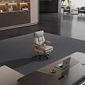 Modern Elegant Office Desk With Drawers Laptop Desk Lamp Bookshelf And Floor to Ceiling Window