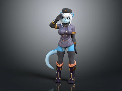 Game And Movie Anthropomorphic Character With Blue Fur Uniform Hat Tail Boots And Saluting Pose 3d model