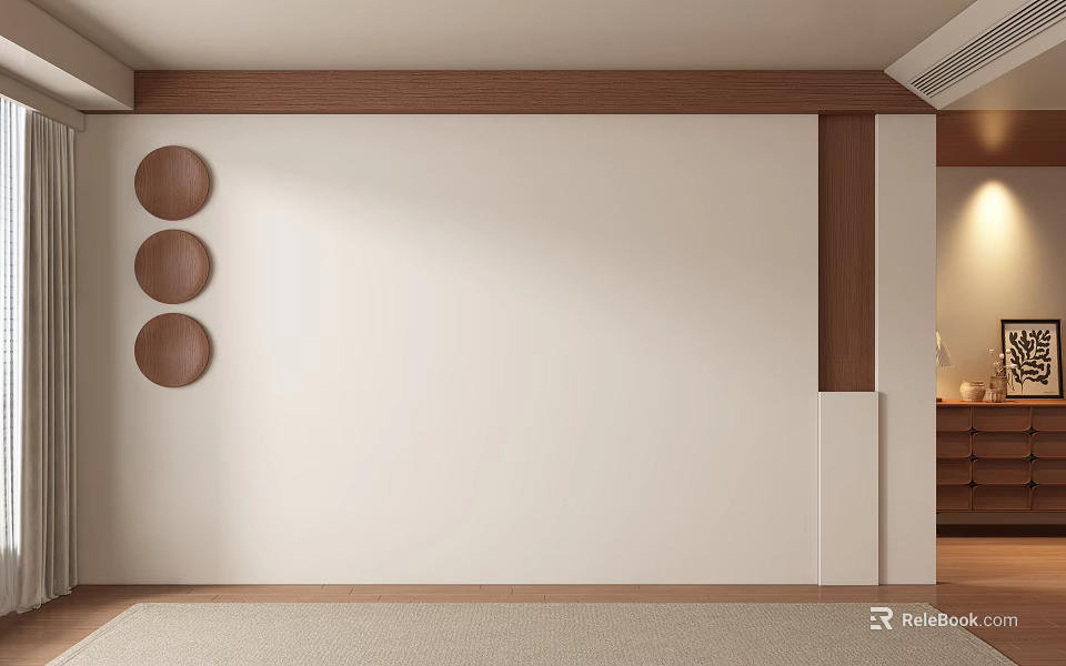 Modern Sofa Backdrop Wall With White Surface Wooden Accents And Circular Panels 3d model