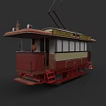 Vintage Red Tram With Classic Exterior Design And Trolley Wires Details