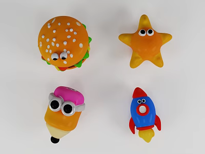 Cute Cartoon Shaped Decorative Ornament Set with Hamburger Starfish Pencil Rocket Figurines for Home Decor 3d model