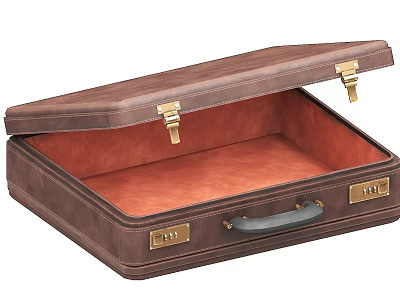 Brown Leather Suitcase With Open Lid Red Interior Lining Black Handle And Golden Clasps 3d model