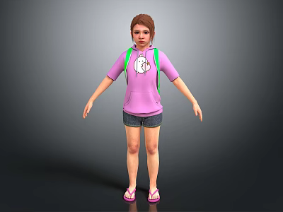 Young Woman Wearing Purple Hoodie Gray Shorts Pink Flip Flops And Green Backpack 3d model