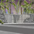 Decorative Landscape Wall Design With Waterfall Pool Rocks And Palm Trees 3d model
