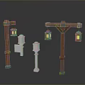 Outdoor Decorative Furniture With Brown Wooden Posts White Signposts And Hanging Lanterns