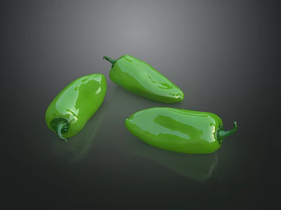 Three Fresh Green Bell Peppers In Plant Combination On Dark Background 3d model